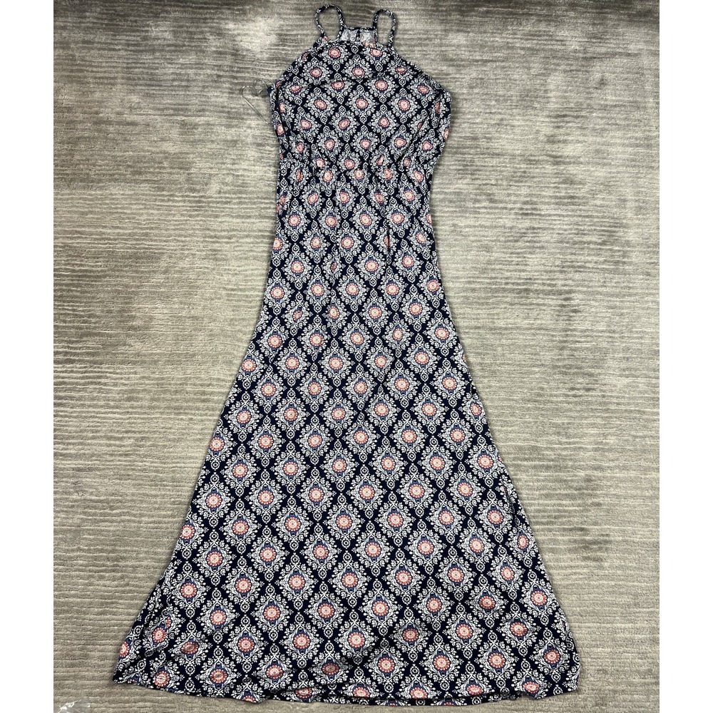 French Grey Dress Womens Lrge Blue Floral‎ Long Sleeveless Tank Made in USA Maxi